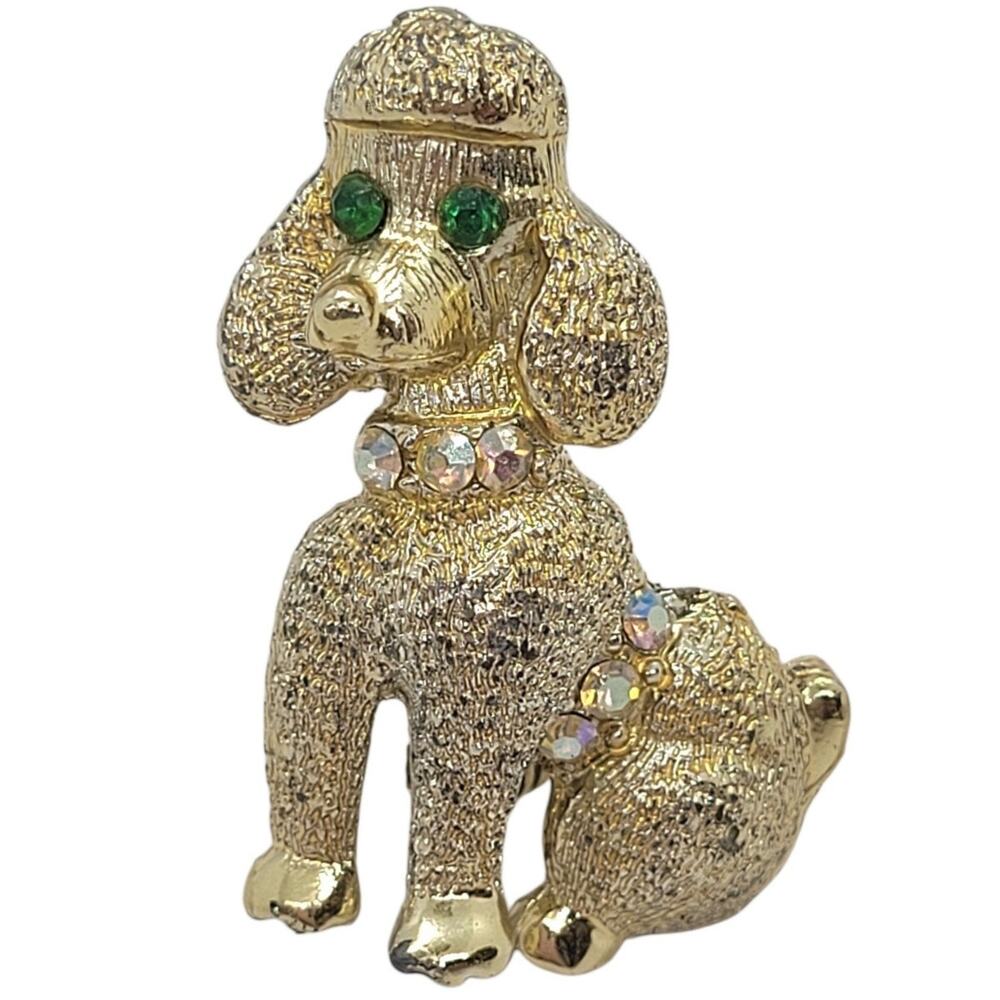 Vintage Poodle Brooch Pin Gold Tone Green Rhinestones Mid Century Whimsical